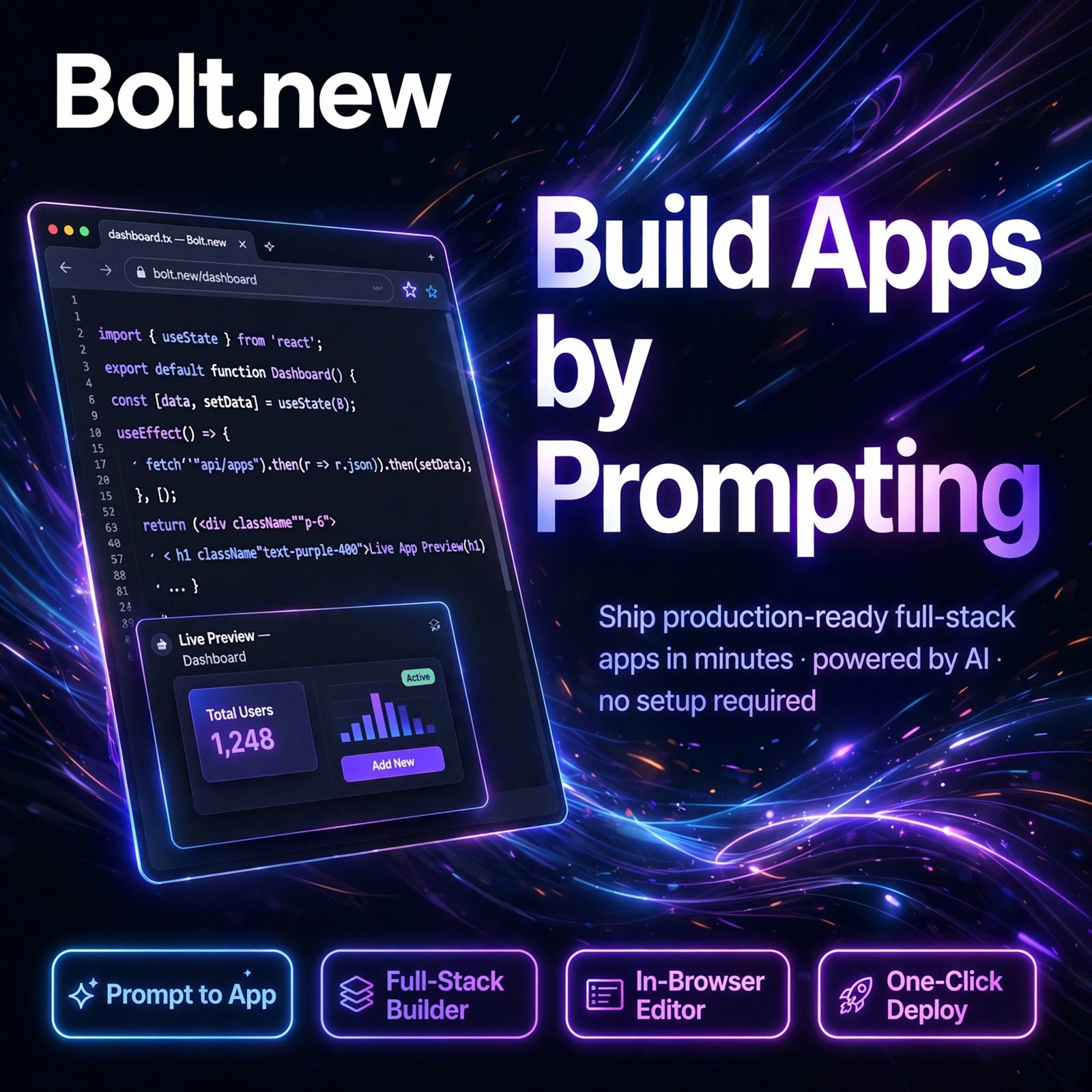 Bolt.new AI tool - Prompt to App, Full-Stack Builder, In-Browser Editor, One-Click Deploy