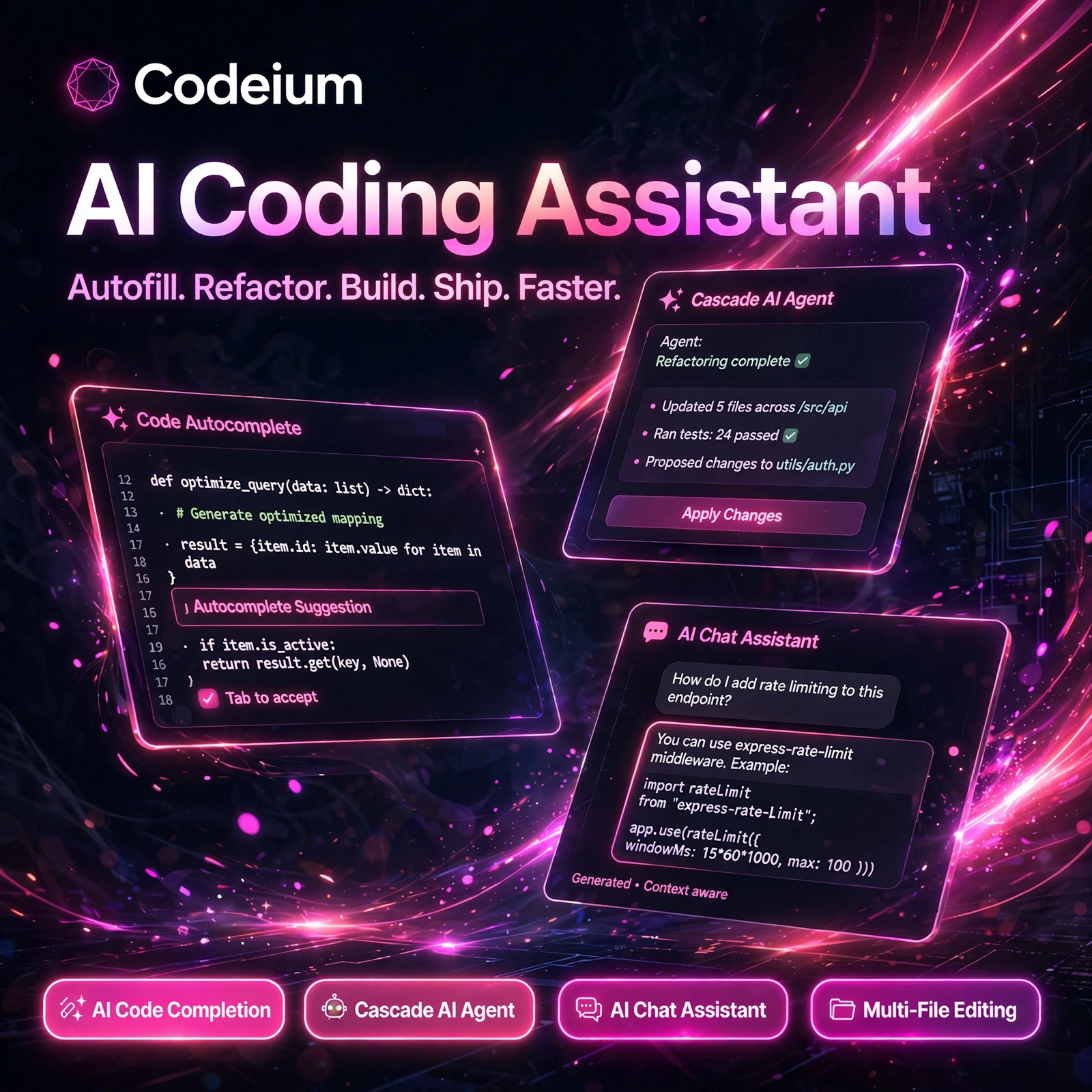 Codeium AI tool - AI Code Completion, Cascade AI Agent, AI Chat Assistant, Multi-File Editing