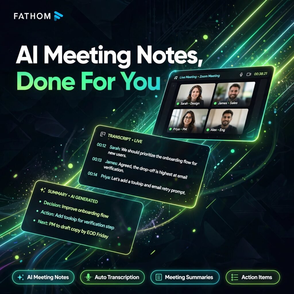 Fathom AI tool - AI Meeting Notes, Auto Transcription, Meeting Summaries, Action Items