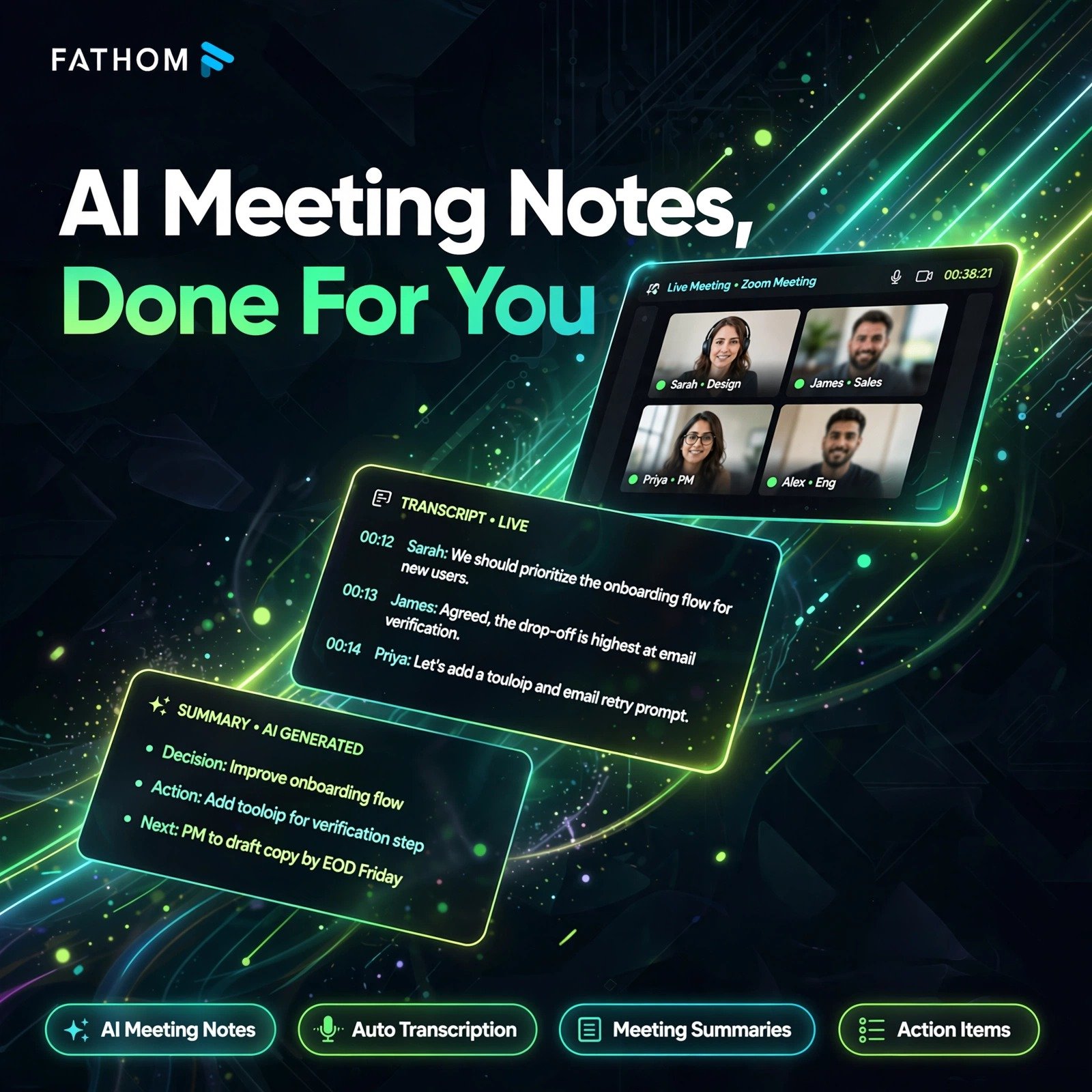 Fathom AI tool - AI Meeting Notes, Auto Transcription, Meeting Summaries, Action Items