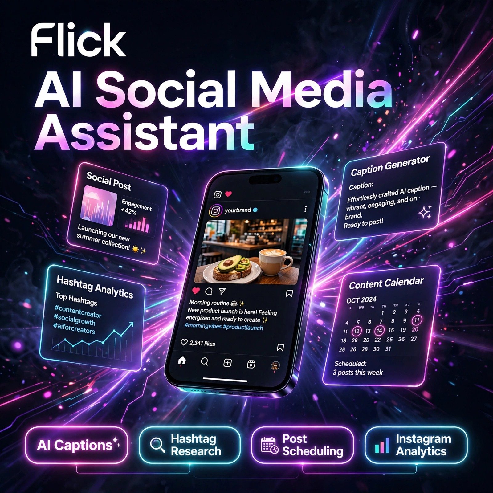 Flick AI tool - AI Captions, Hashtag Research, Post Scheduling, Instagram Analytics