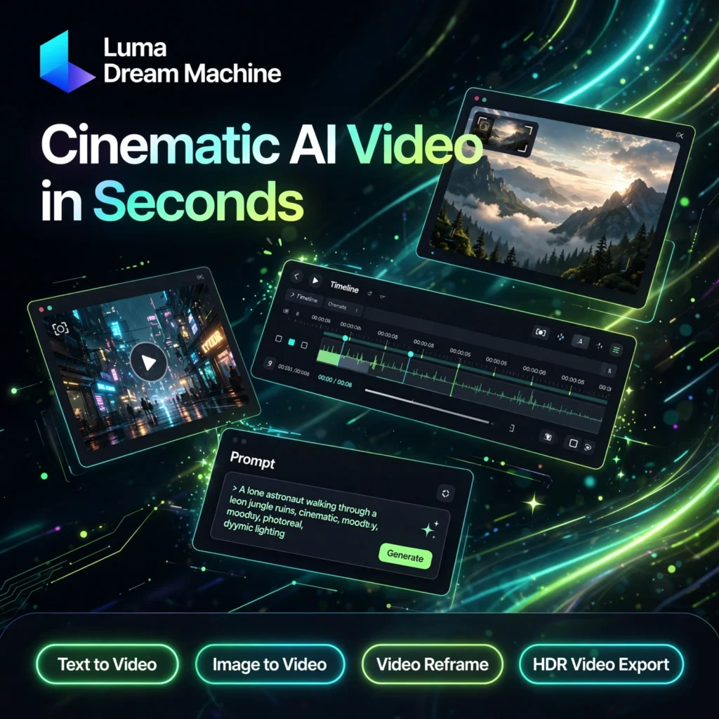 Luma Dream Machine AI tool - Text to Video, Image to Video, Video Reframe, HDR Video Export
