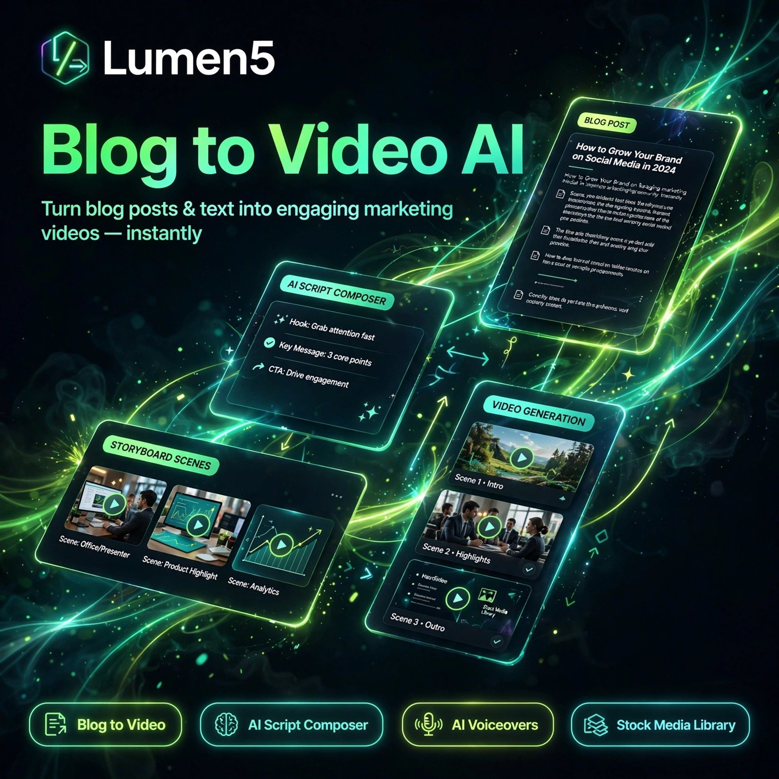 Lumen5 AI tool - Blog to Video, AI Script Composer, AI Voiceovers, Stock Media Library