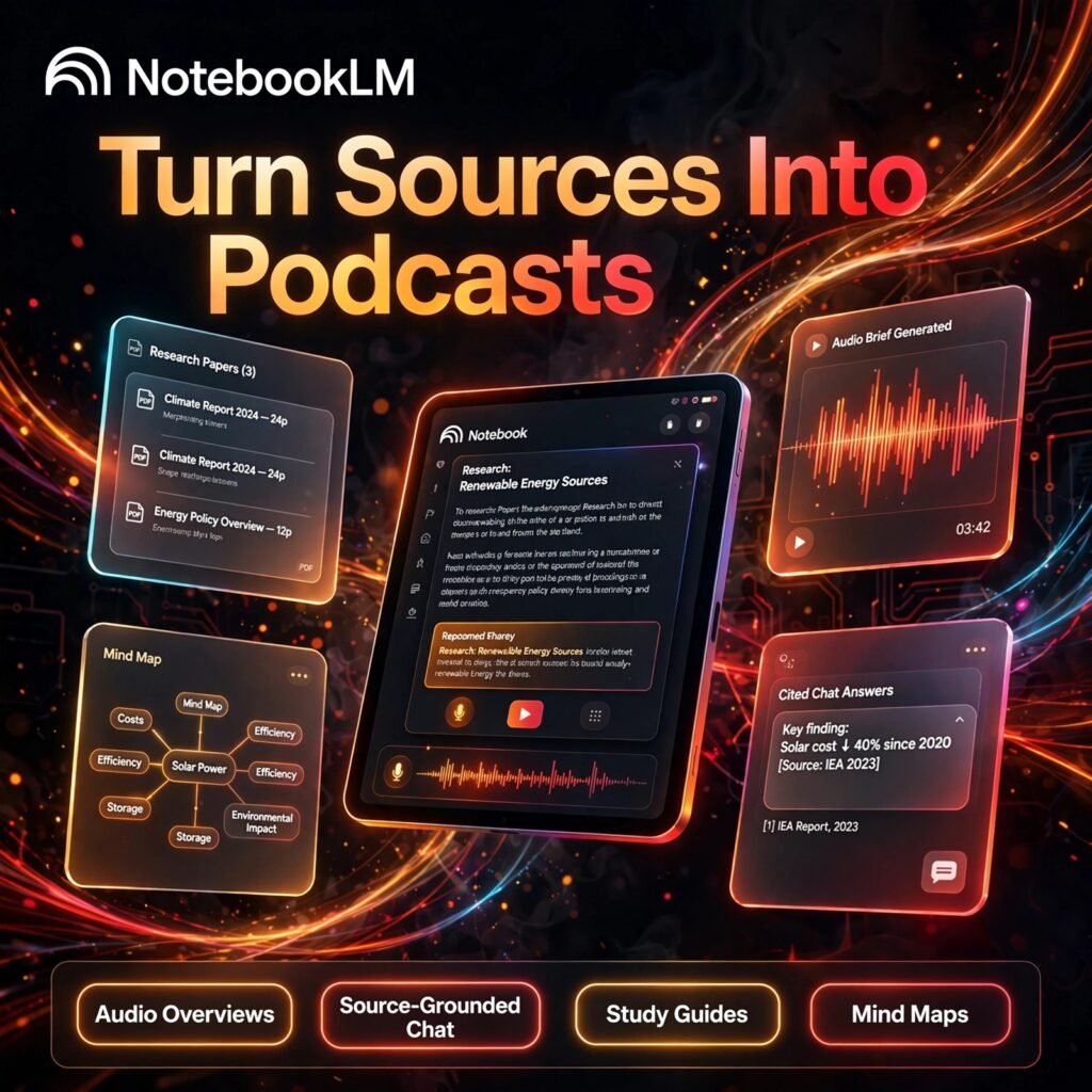 NotebookLM AI tool - Audio Overviews, Source-Grounded Chat, Study Guides, Mind Maps