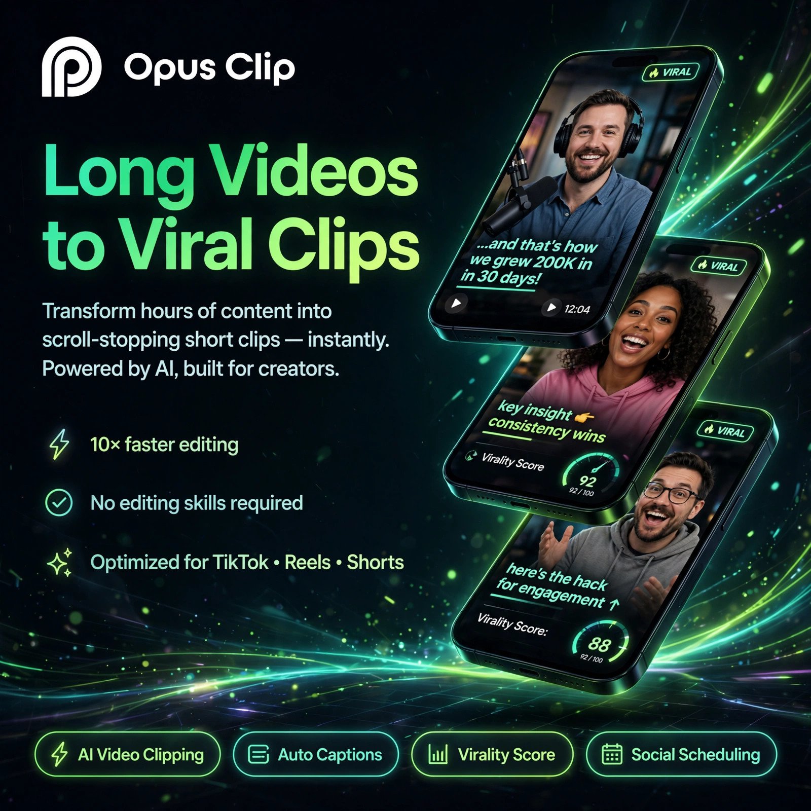 Opus Clip AI tool - AI Video Clipping, Auto Captions, Virality Score, Social Scheduling