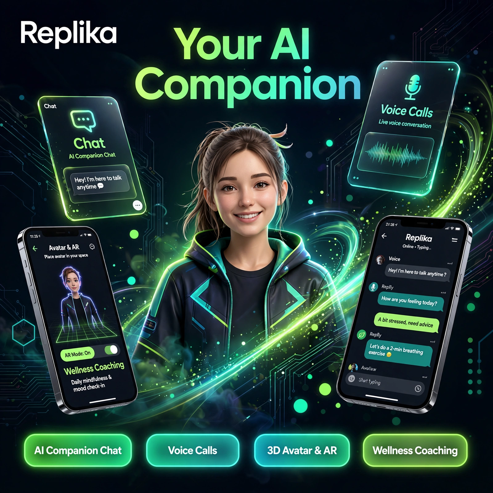 Replika AI tool - AI Companion Chat, Voice Calls, 3D Avatar & AR, Wellness Coaching