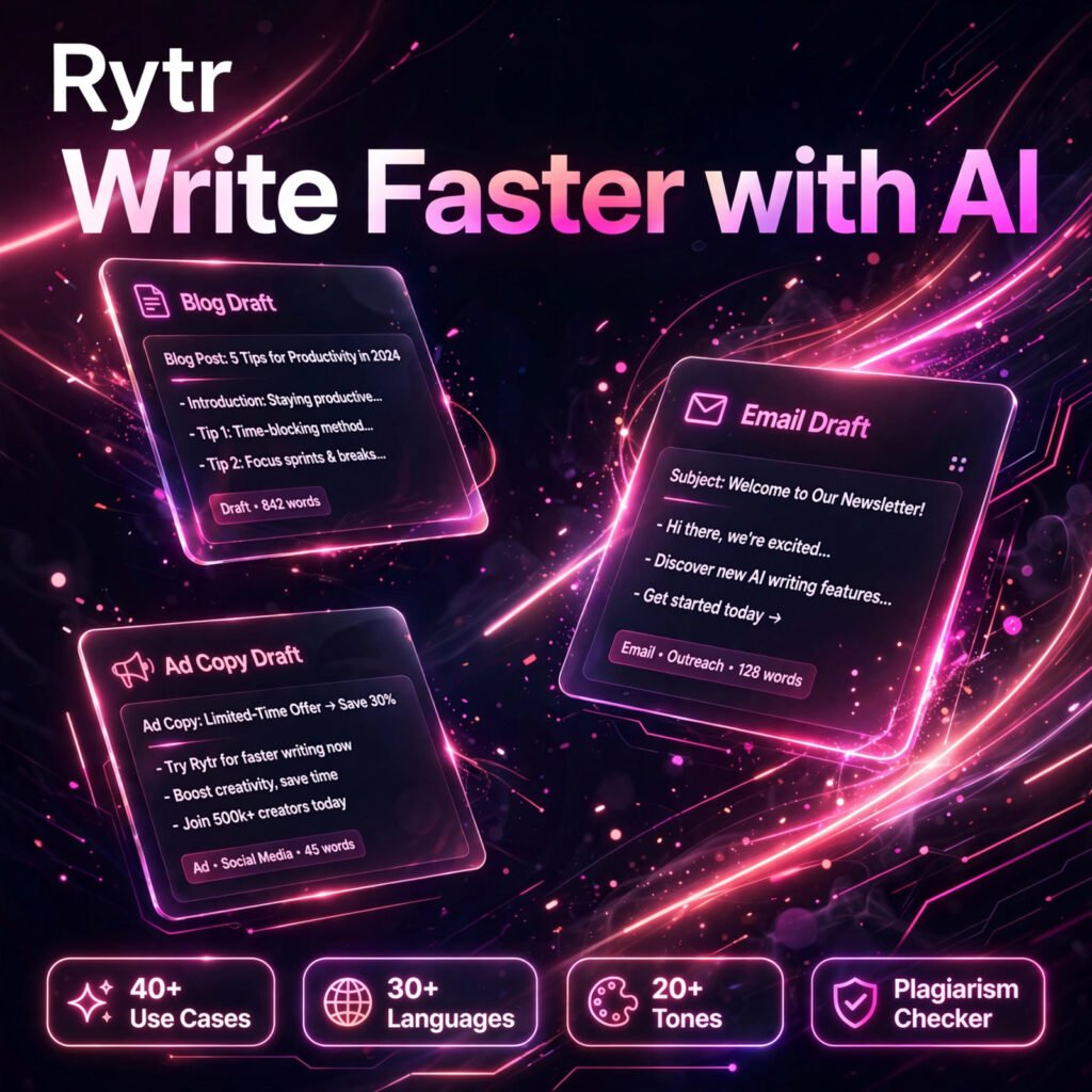 Rytr AI tool - 40+ Use Cases, 30+ Languages, 20+ Tones, Plagiarism Checker
