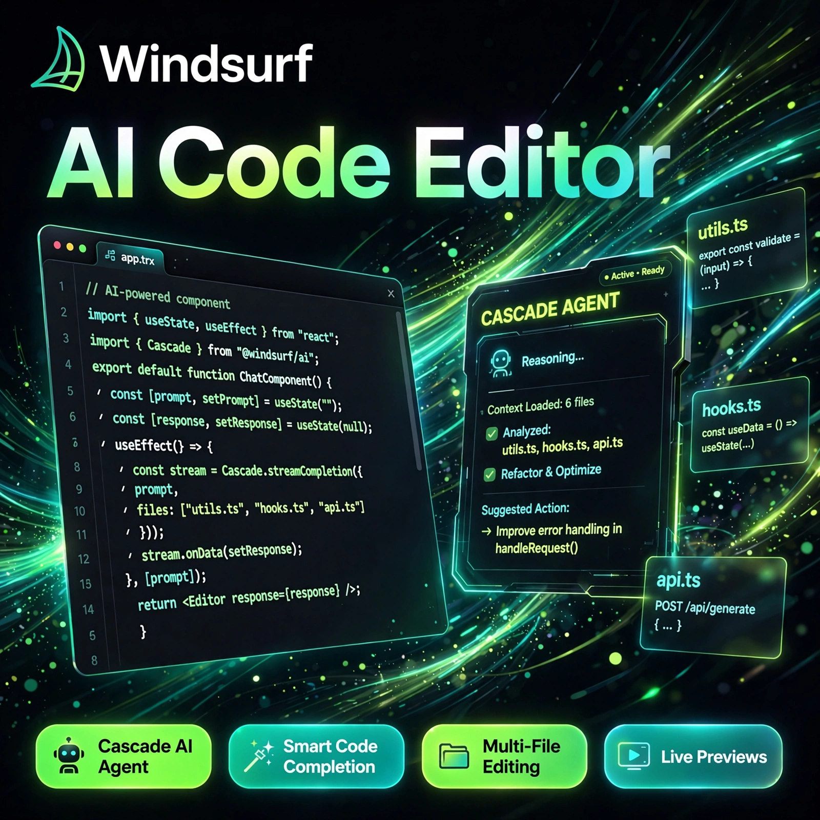 Windsurf AI tool - Cascade AI Agent, Smart Code Completion, Multi-File Editing, Live Previews